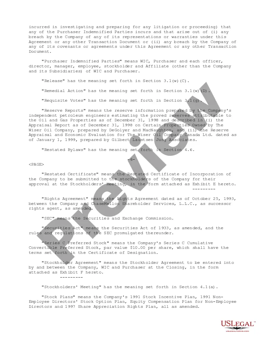 Get Sample Stock Purchase Agreement between The Wiser Oil and Wiser Investment Company Preview Sample Stock Purchase Agreement between The Wiser Oil and Wiser Investment Company
