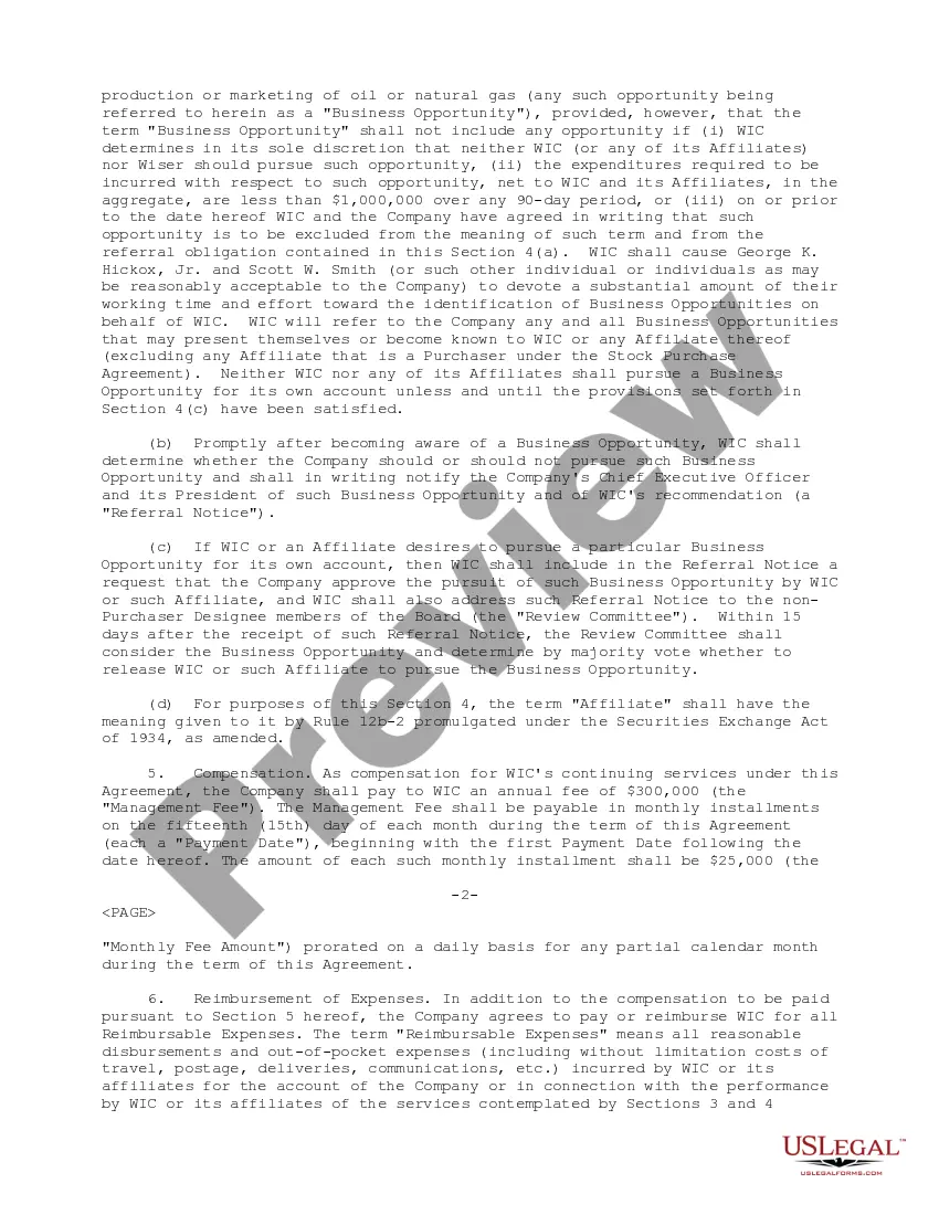 Get Management Agreement between The Wiser Oil Co. and Wiser Investment Co., LLC Preview Management Agreement between The Wiser Oil Co. and Wiser Investment Co., LLC