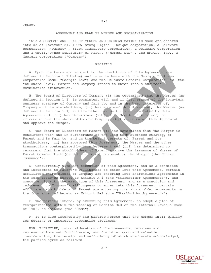 Get Plan of Merger and Reorganization by and among Digital Insight Corp., Black Transitory Corp. and nFront, Inc. Preview Plan of Merger and Reorganization by and among Digital Insight Corp., Black Transitory Corp. and nFront, Inc.