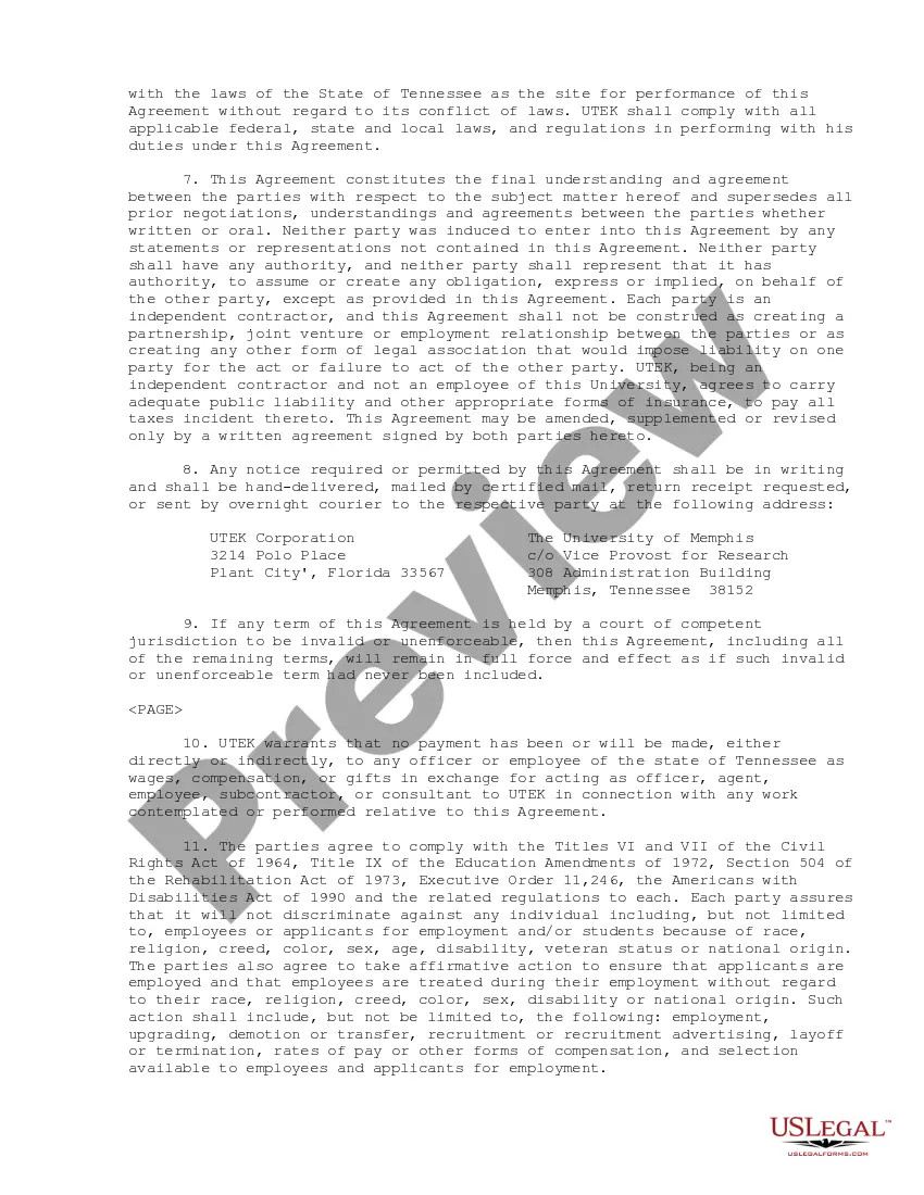 Get Services Agreement between The University of Memphis and UTEK Corp. regarding commercial development of specific intellectual property and technology Preview Services Agreement between The University of Memphis and UTEK Corp. regarding commercial development of specific intellectual property and technology