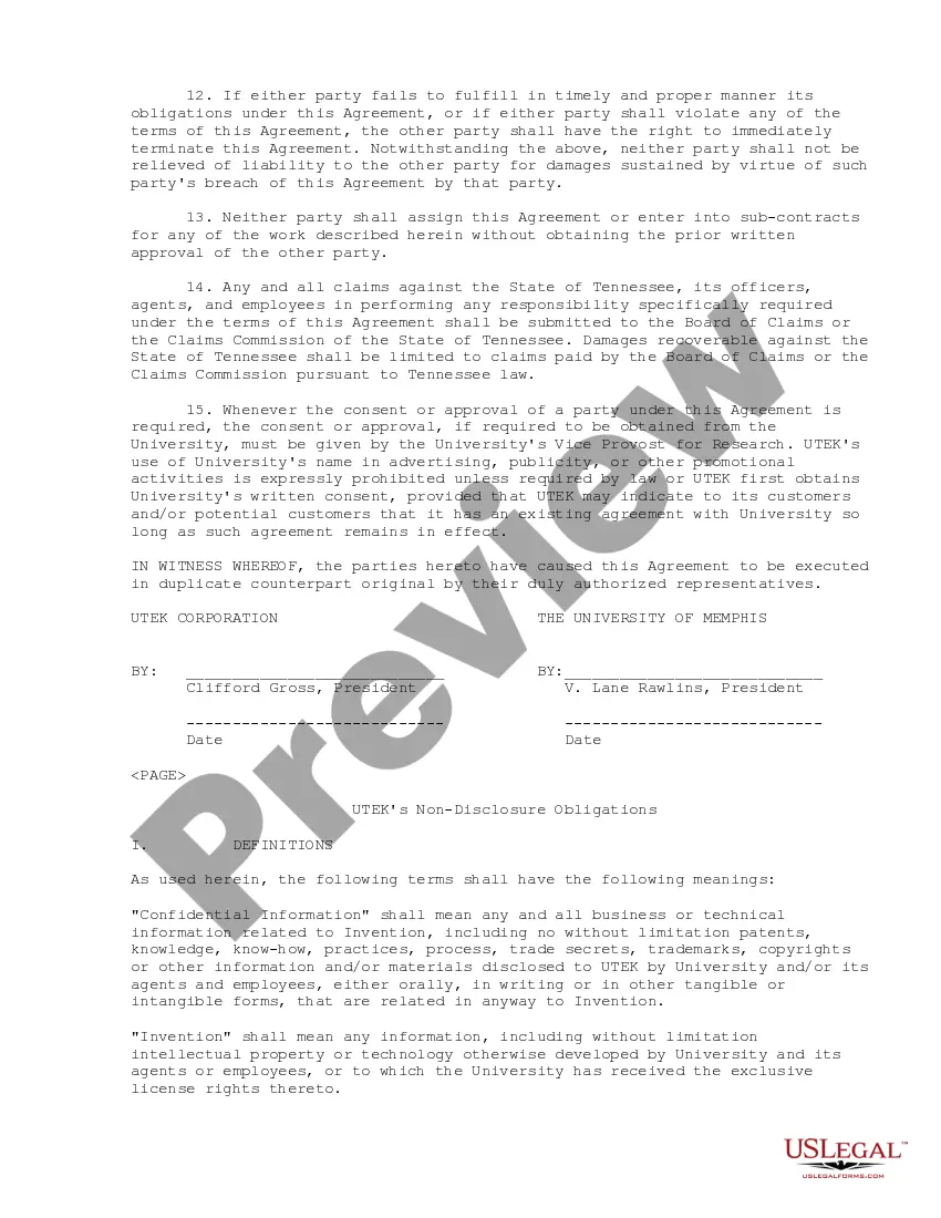Get Services Agreement between The University of Memphis and UTEK Corp. regarding commercial development of specific intellectual property and technology Preview Services Agreement between The University of Memphis and UTEK Corp. regarding commercial development of specific intellectual property and technology