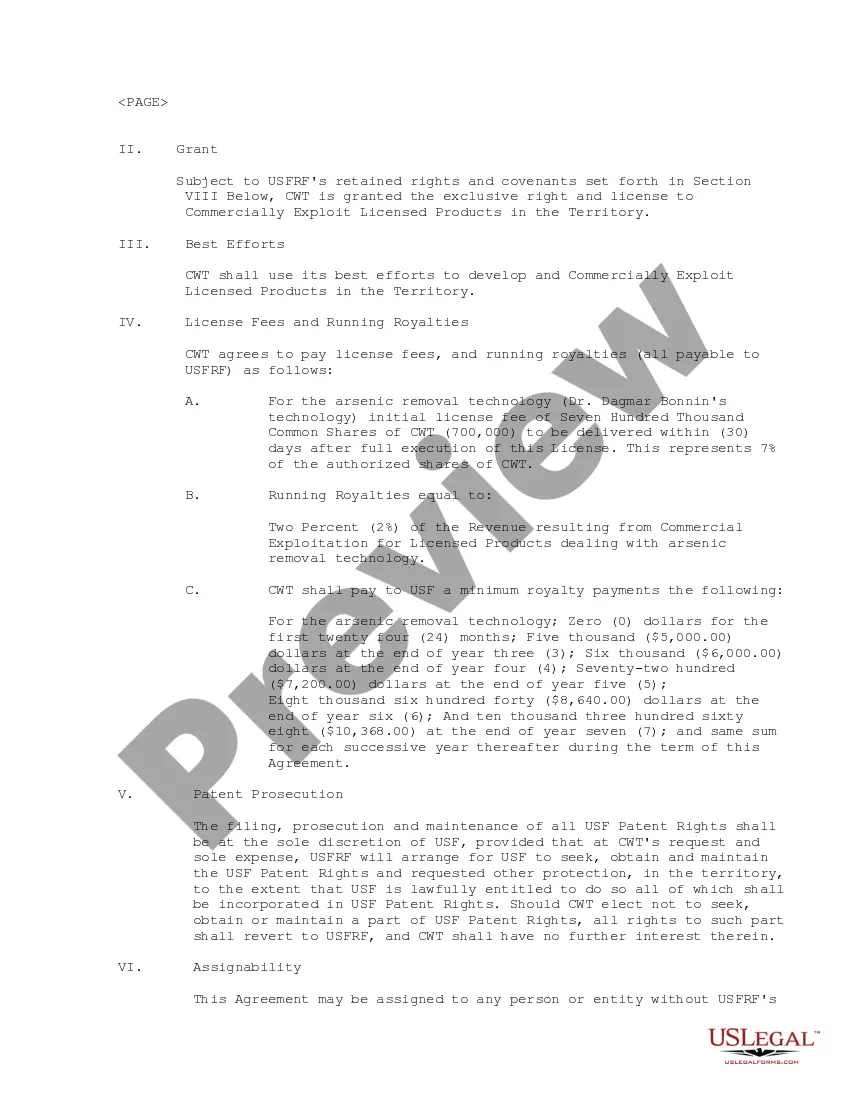 Preview License Agreement regarding the merchandising of technologies for purifying water