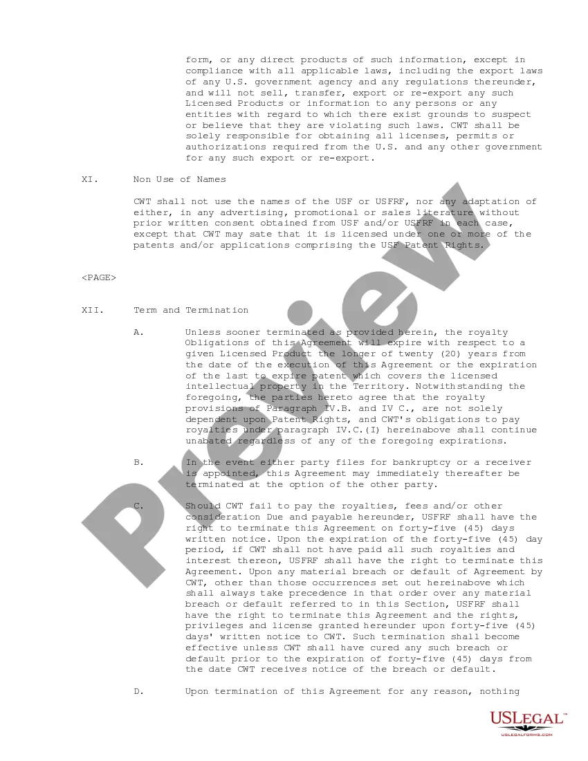 Preview License Agreement regarding the merchandising of technologies for purifying water