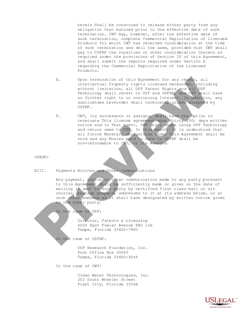 Preview License Agreement regarding the merchandising of technologies for purifying water