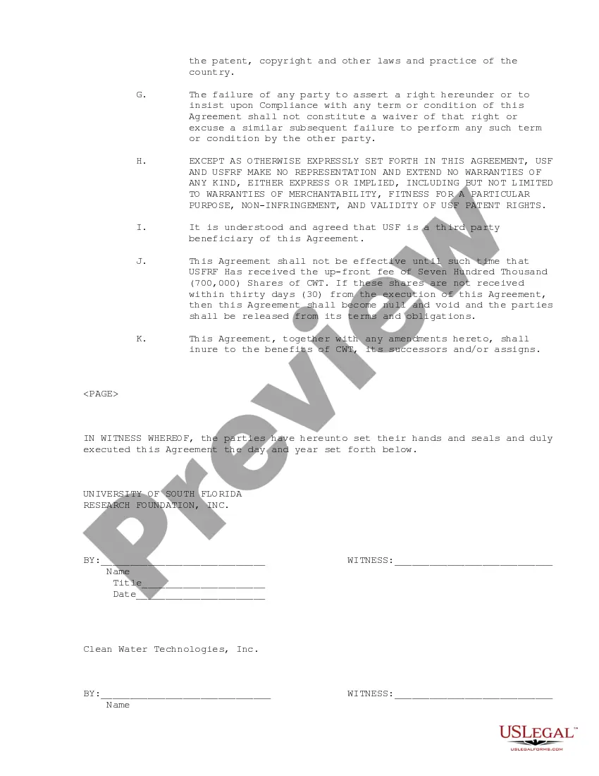 Preview License Agreement regarding the merchandising of technologies for purifying water