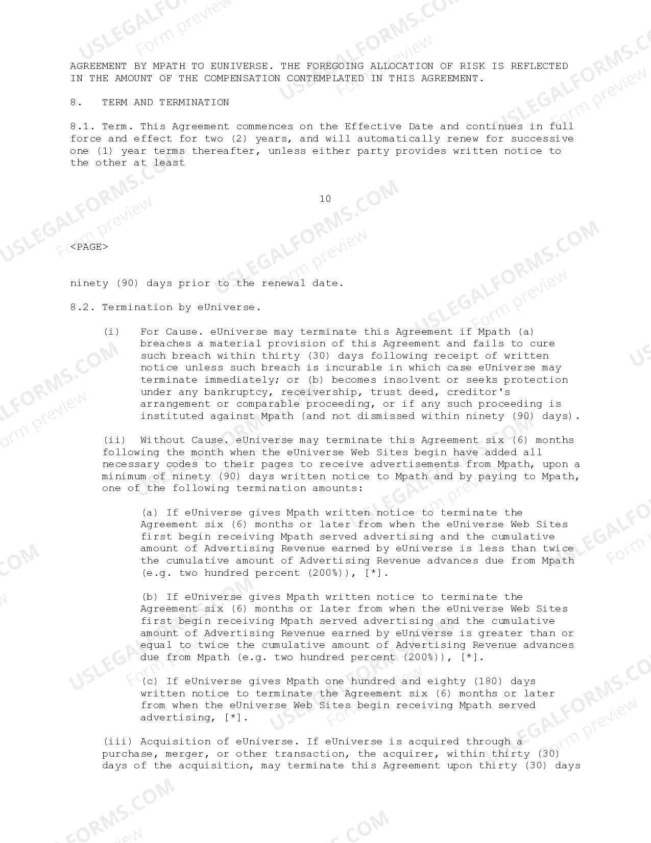 Preview Advertising Agreement Web Advertising Agreement between Mpath Interactive, Inc. and eUniverse regarding sale of advertising on web sites