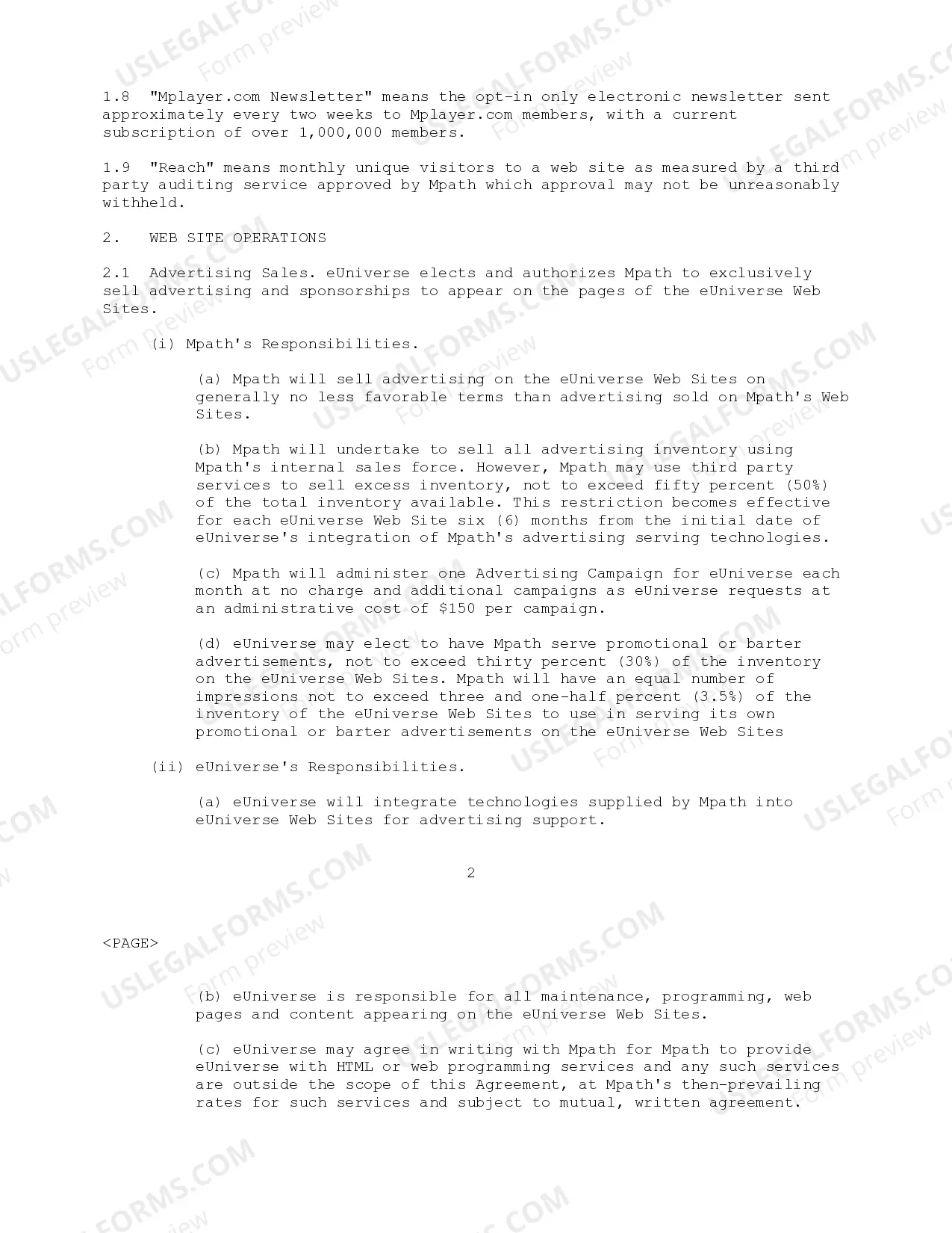 Preview Advertising Agreement Web Advertising Agreement between Mpath Interactive, Inc. and eUniverse regarding sale of advertising on web sites