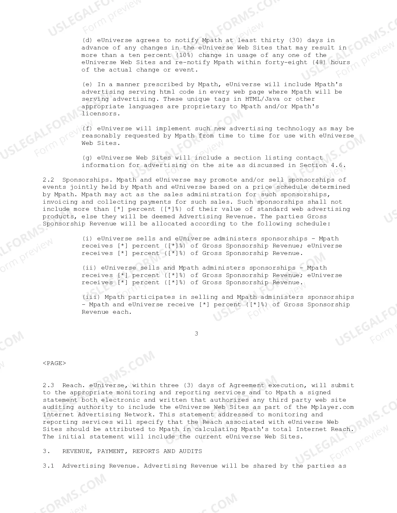 Preview Advertising Agreement Web Advertising Agreement between Mpath Interactive, Inc. and eUniverse regarding sale of advertising on web sites
