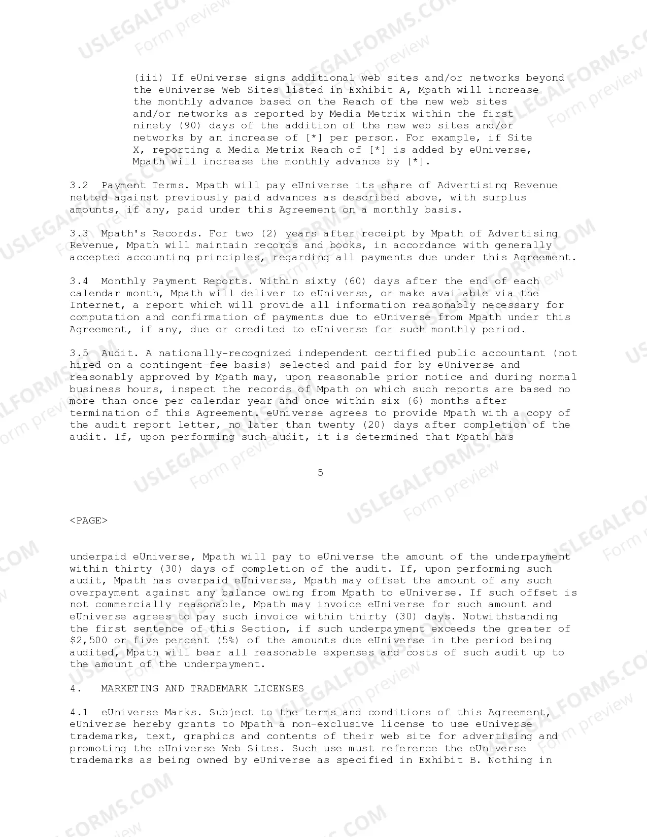 Preview Advertising Agreement Web Advertising Agreement between Mpath Interactive, Inc. and eUniverse regarding sale of advertising on web sites