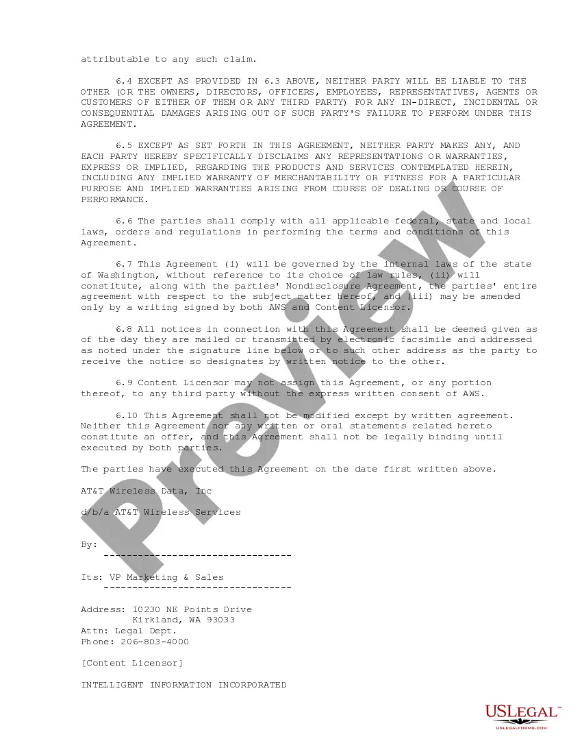 Get Preferred Content License Agreement between AT&T Wireless Data, Inc. and Intelligent Information Inc. Preview Preferred Content License Agreement between AT&T Wireless Data, Inc. and Intelligent Information Inc.