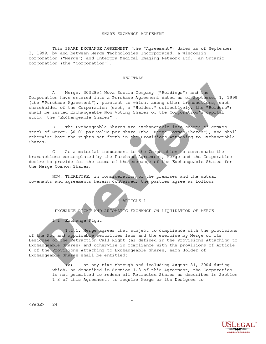 page 0 Share Exchange Agreement regarding shareholders issued exchangeable nonvoting shares of capital stock preview