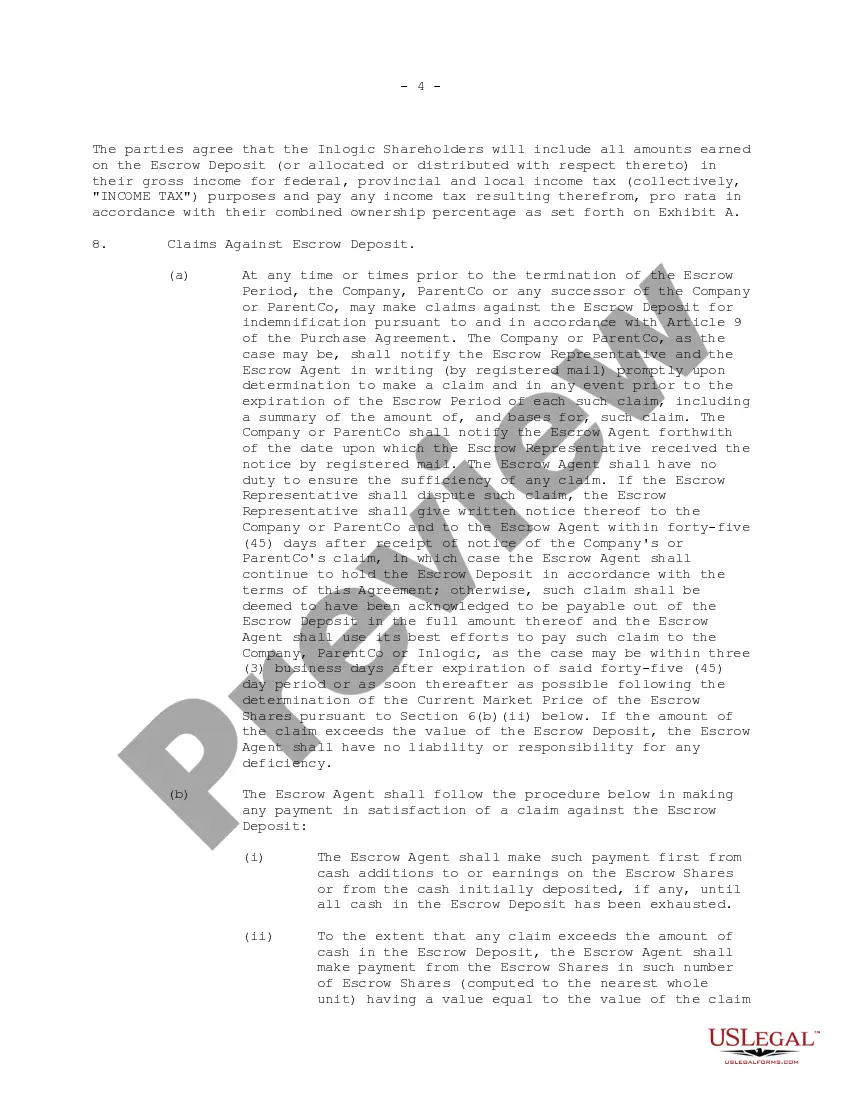 Preview Indemnity Escrow Agreement regarding purchasing issued and outstanding shares
