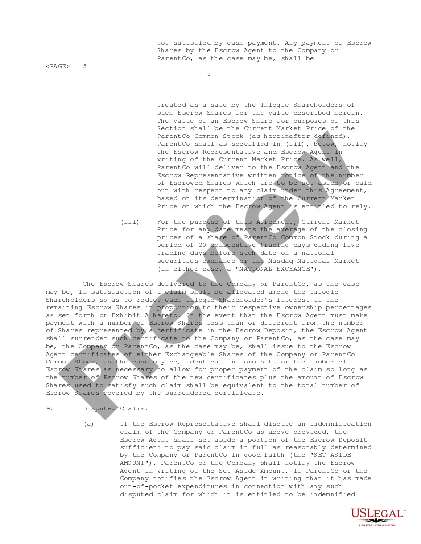 Preview Indemnity Escrow Agreement regarding purchasing issued and outstanding shares