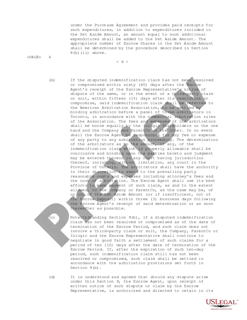 Preview Indemnity Escrow Agreement regarding purchasing issued and outstanding shares