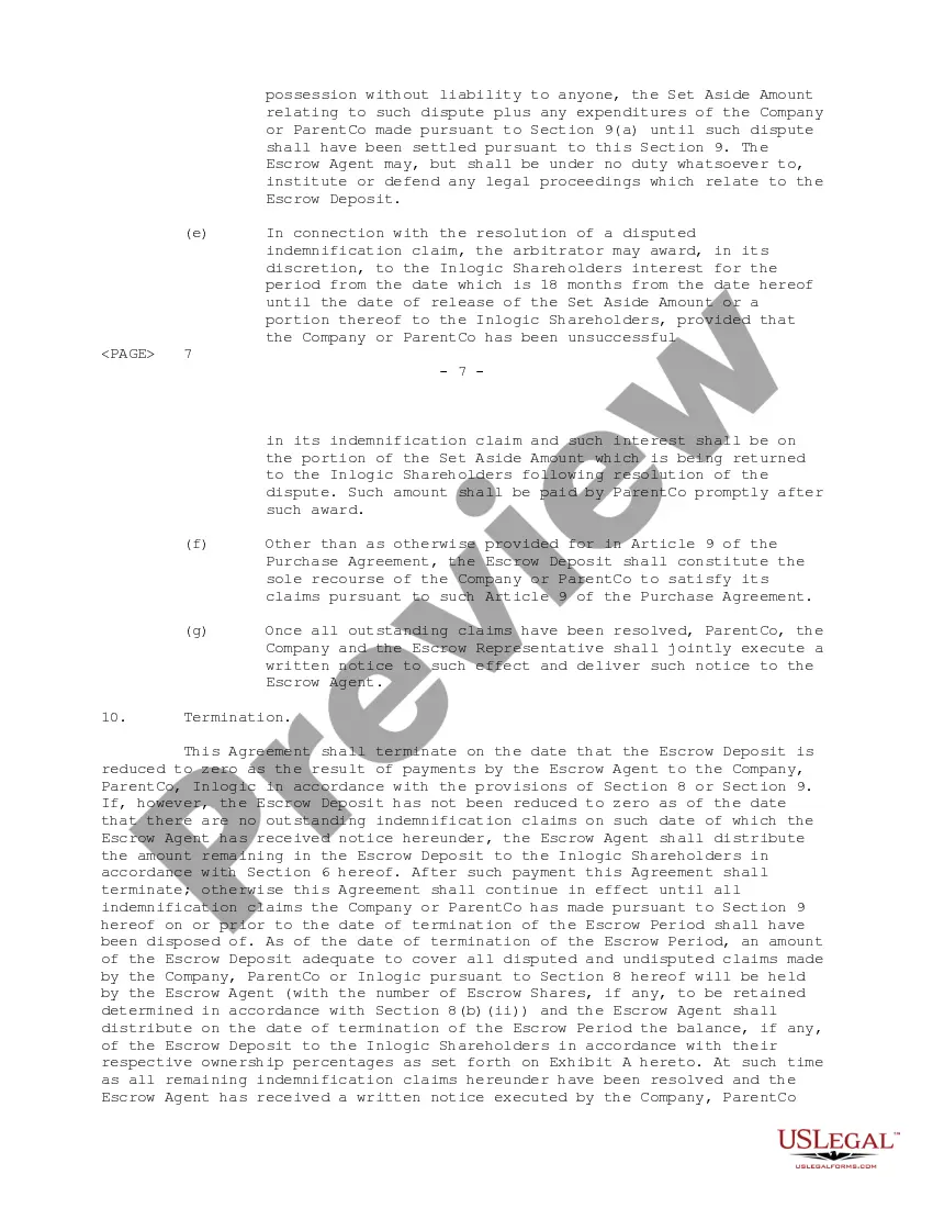 Preview Indemnity Escrow Agreement regarding purchasing issued and outstanding shares