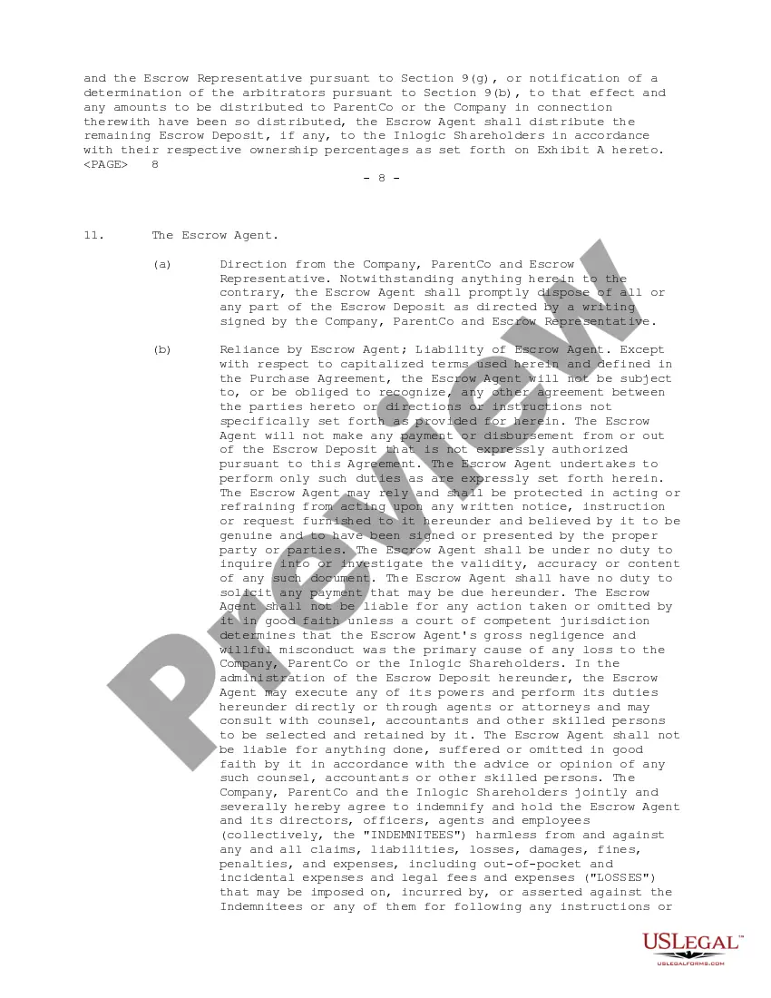 Preview Indemnity Escrow Agreement regarding purchasing issued and outstanding shares