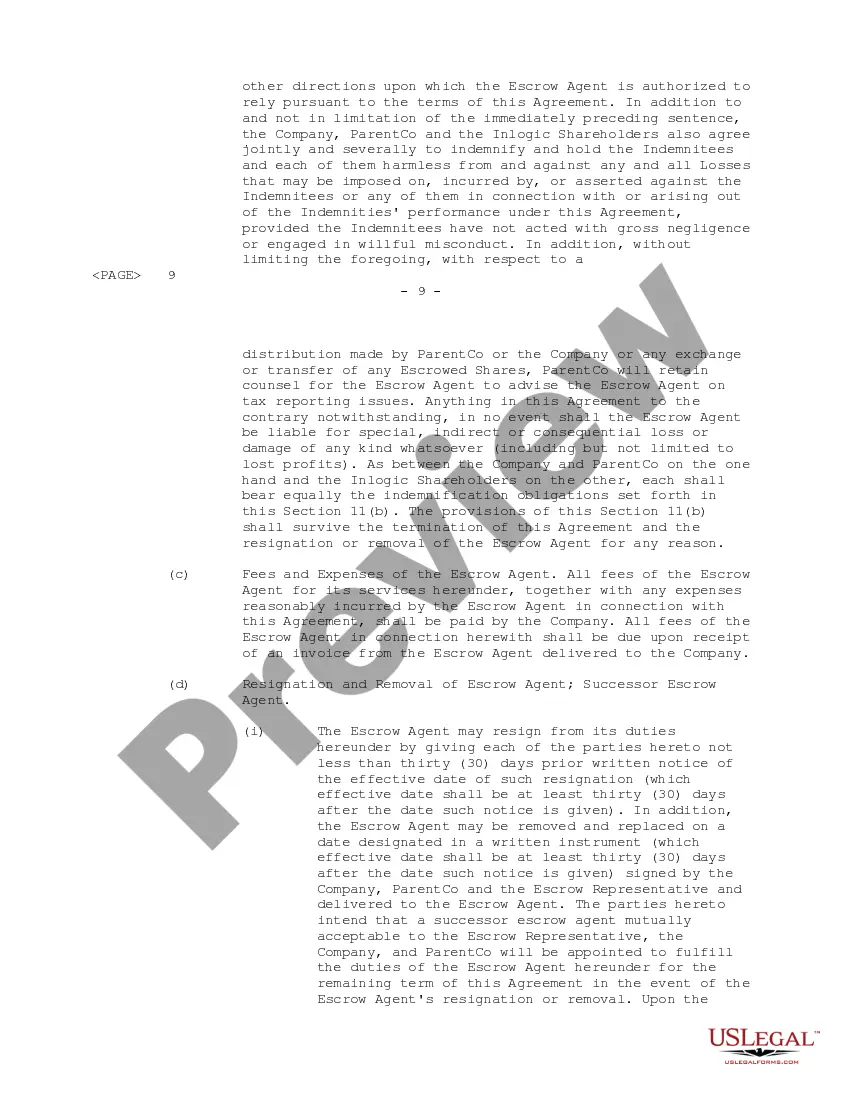 Preview Indemnity Escrow Agreement regarding purchasing issued and outstanding shares