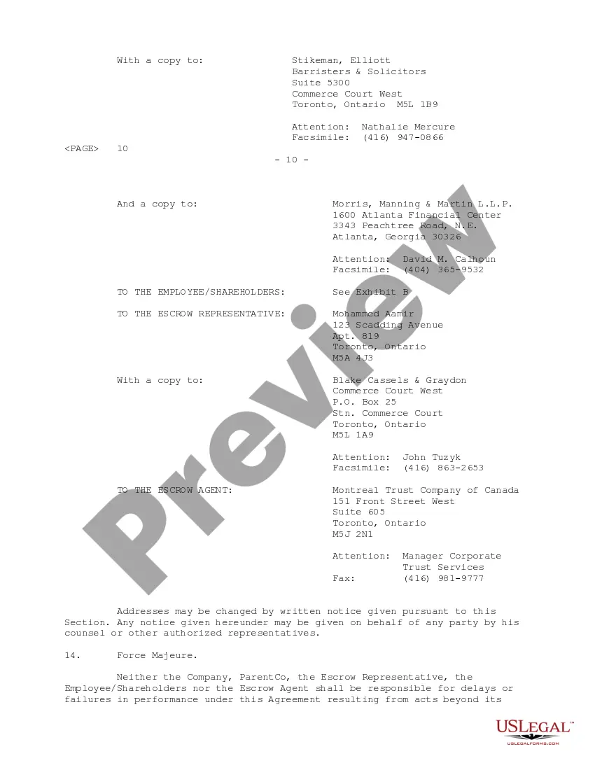 Preview Employee Shareholder Escrow Agreement