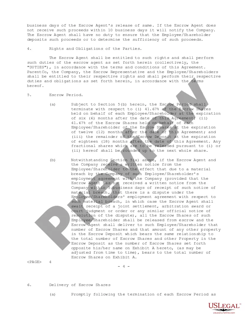 Preview Employee Shareholder Escrow Agreement