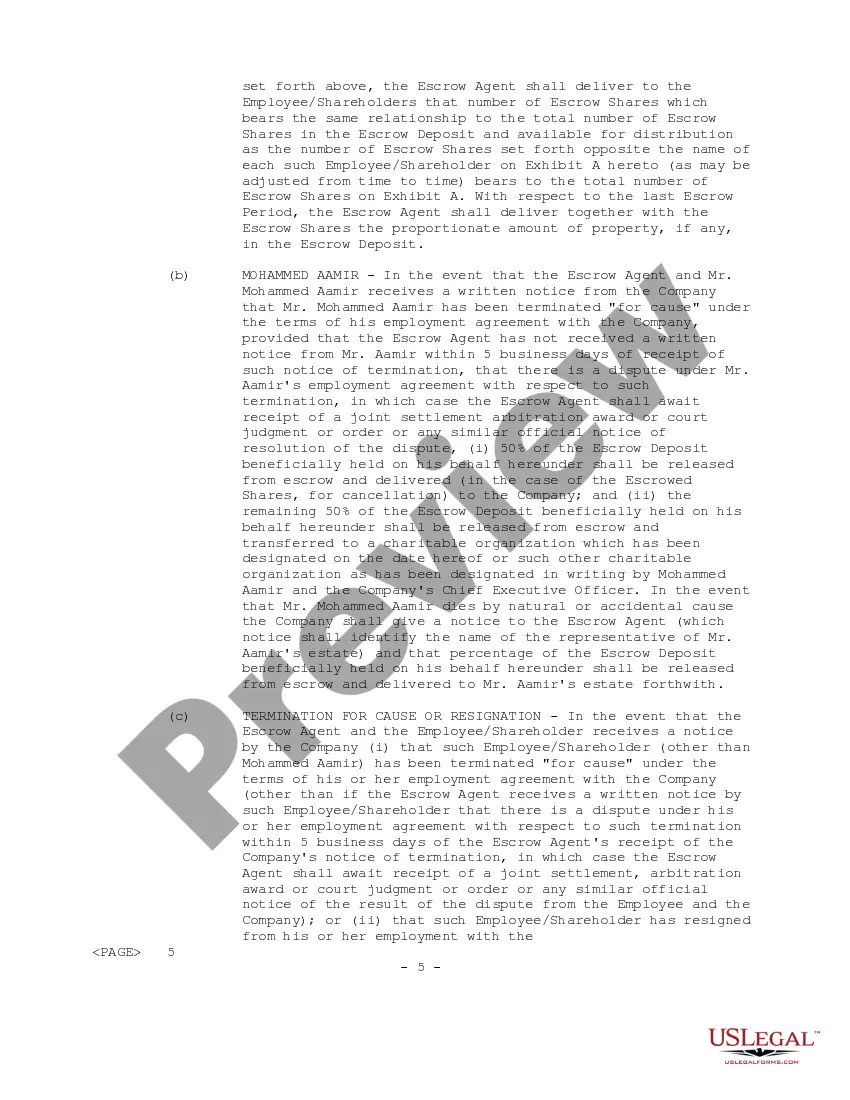 Preview Employee Shareholder Escrow Agreement