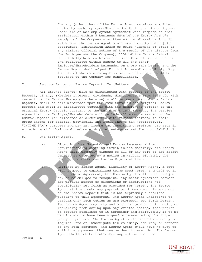Preview Employee Shareholder Escrow Agreement