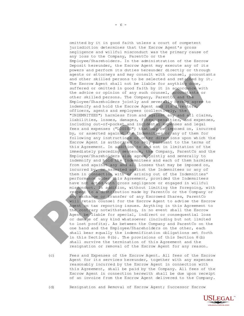 Preview Employee Shareholder Escrow Agreement