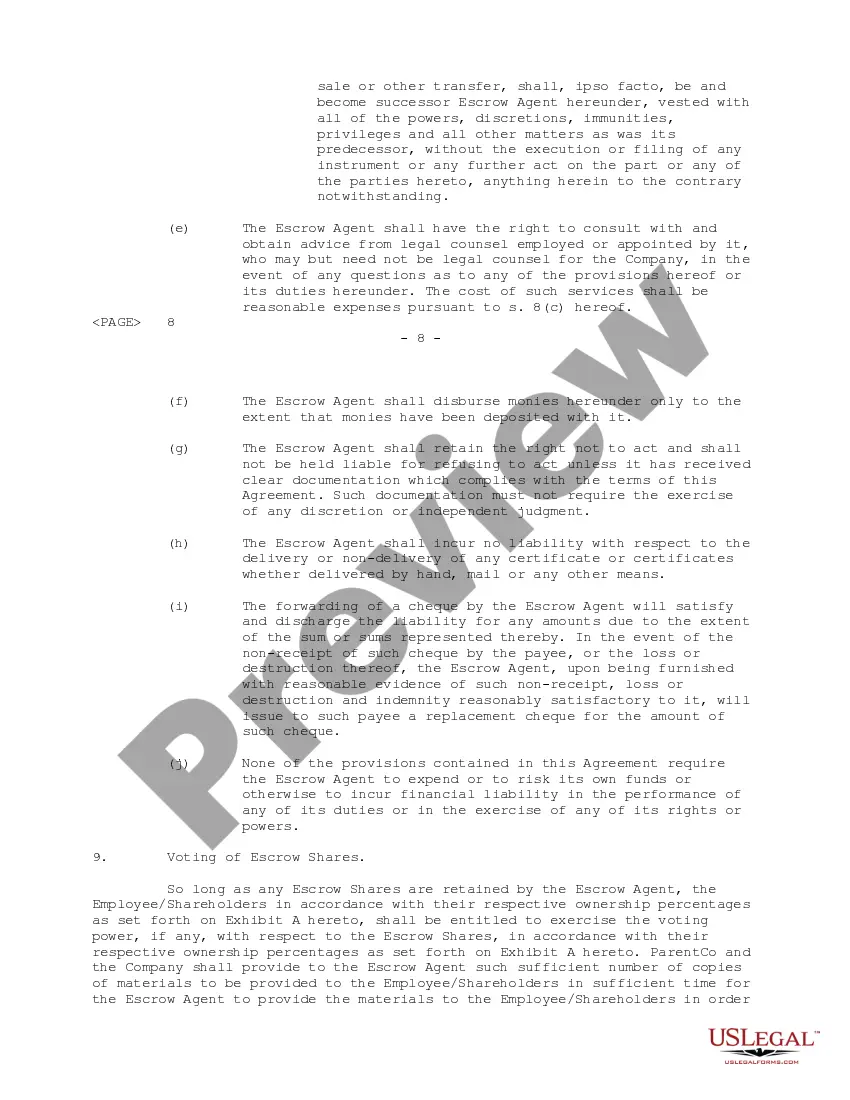 Preview Employee Shareholder Escrow Agreement