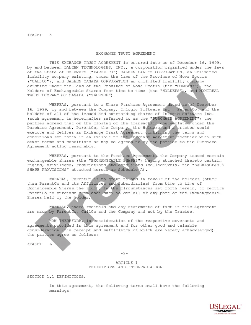 Preview Exchange Trust Agreement between Daleen Technologies, Inc., Daleen CallCo Corp., Daleen Canada Corp., Exchangeable Shares Holders and Montreal Trust Co.
