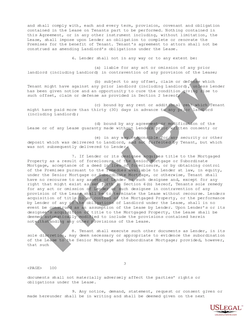 Get Sample Subordination, Nondisturbance and Attornment Agreement Preview Sample Subordination, Nondisturbance and Attornment Agreement