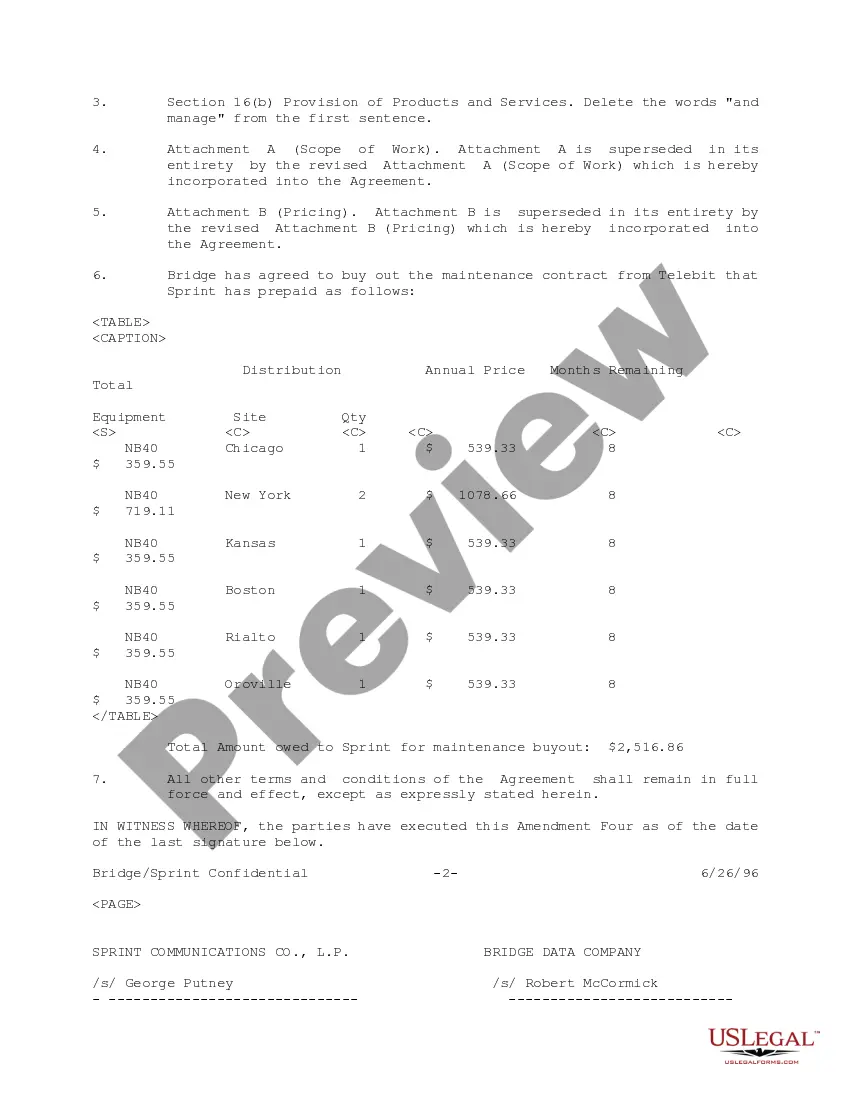 Get Amendment No. 4 to Managed Network Agreement (with exhibits) between Sprint Communications Co, LP and Bridge Data Co. Preview Amendment No. 4 to Managed Network Agreement (with exhibits) between Sprint Communications Co, LP and Bridge Data Co.