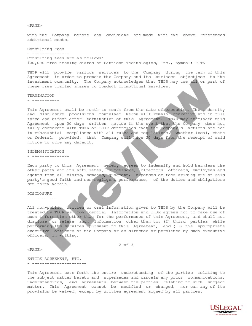 Preview Acceptance of Investor Relations Agreement assisting in obtaining new investors in company stock