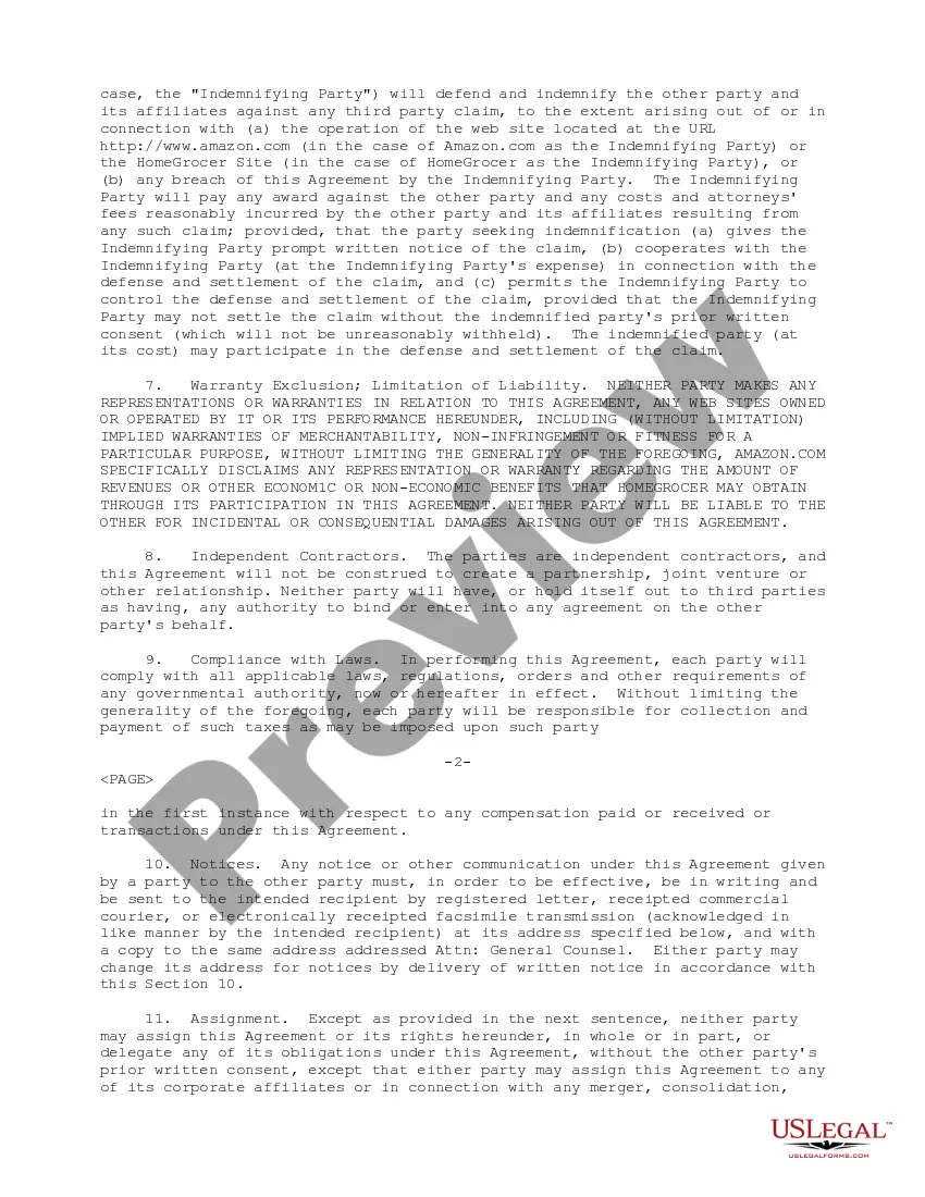 Get Advertising Agreement between HomeGrocer.com, Inc. and Amazon.com LLC regarding advertising activities Preview Advertising Agreement between HomeGrocer.com, Inc. and Amazon.com LLC regarding advertising activities