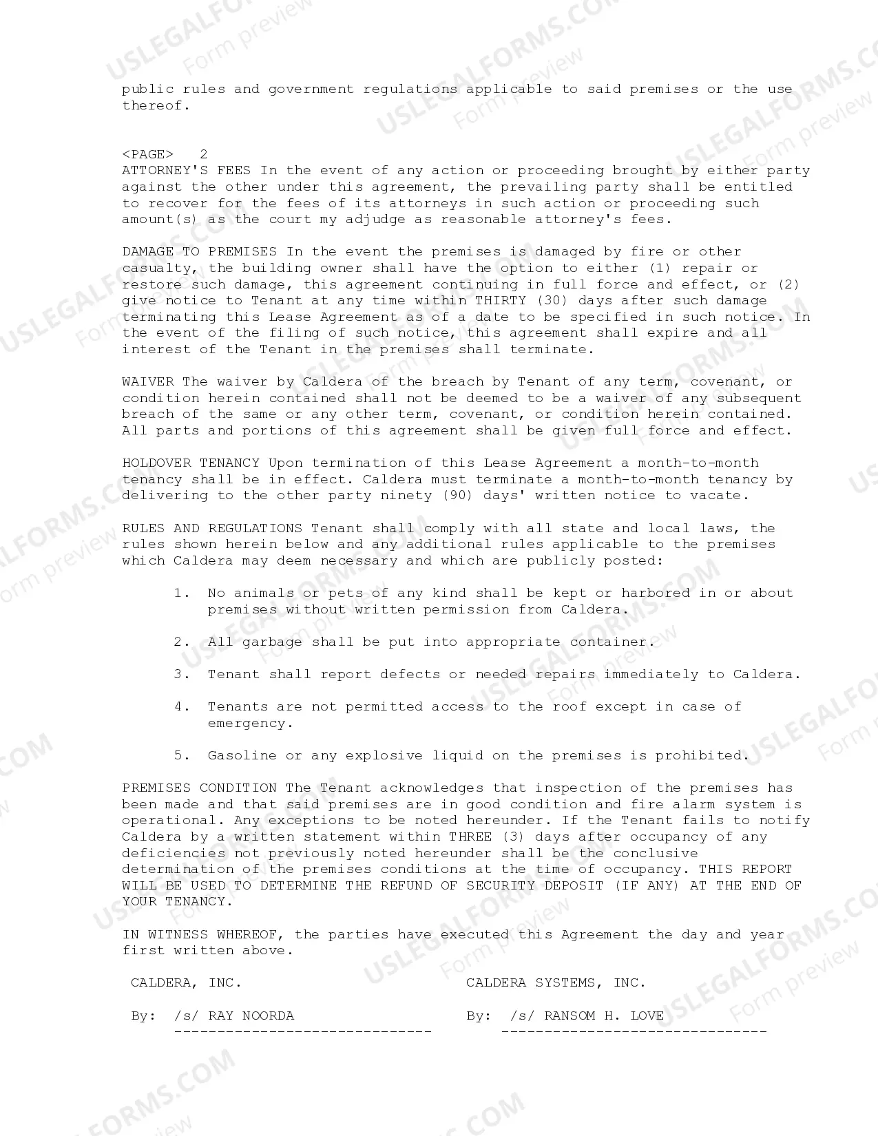 Preview Lease Agreement regarding lease of premises between Caldera, Inc. and Caldera Systems, Inc.