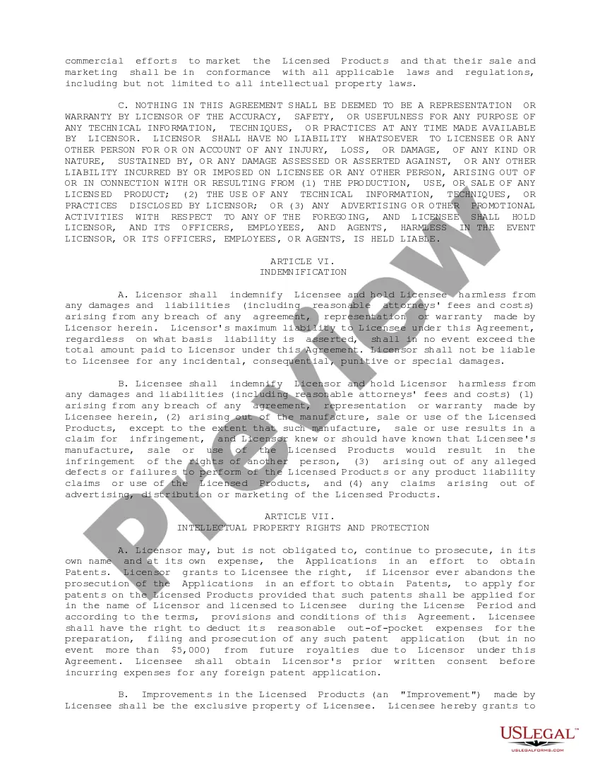 Preview License Agreement regarding the exclusive right and license to make, use and sell products