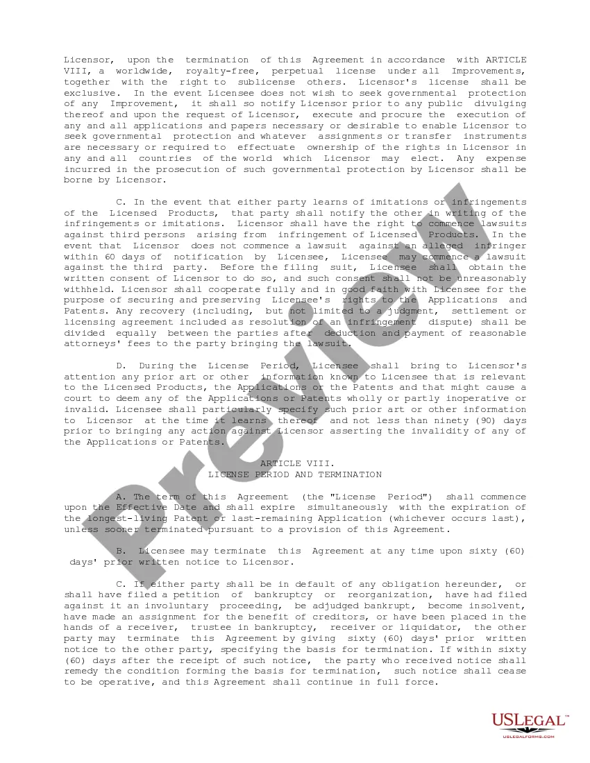 Preview License Agreement regarding the exclusive right and license to make, use and sell products