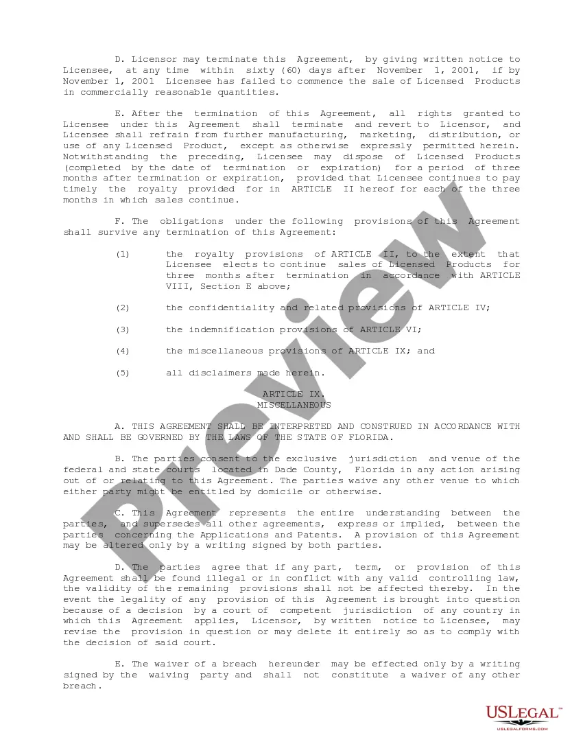 Preview License Agreement regarding the exclusive right and license to make, use and sell products