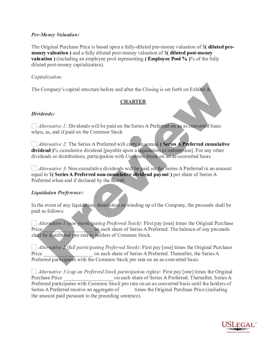 Get Term Sheet - Series A Preferred Stock Financing of a Company Preview Term Sheet - Series A Preferred Stock Financing of a Company
