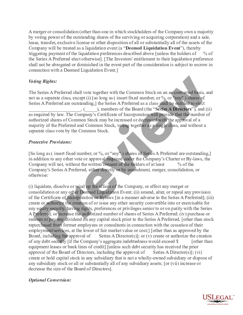Get Term Sheet - Series A Preferred Stock Financing of a Company Preview Term Sheet - Series A Preferred Stock Financing of a Company