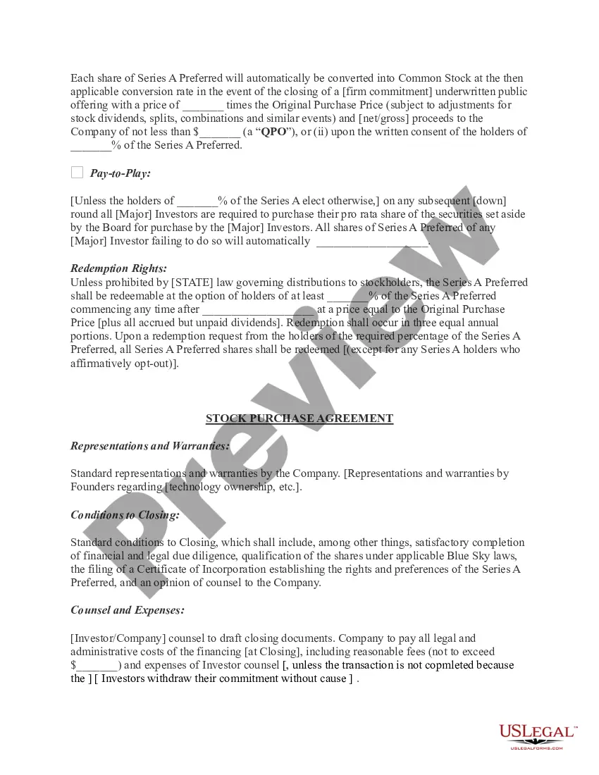 Get Term Sheet - Series A Preferred Stock Financing of a Company Preview Term Sheet - Series A Preferred Stock Financing of a Company