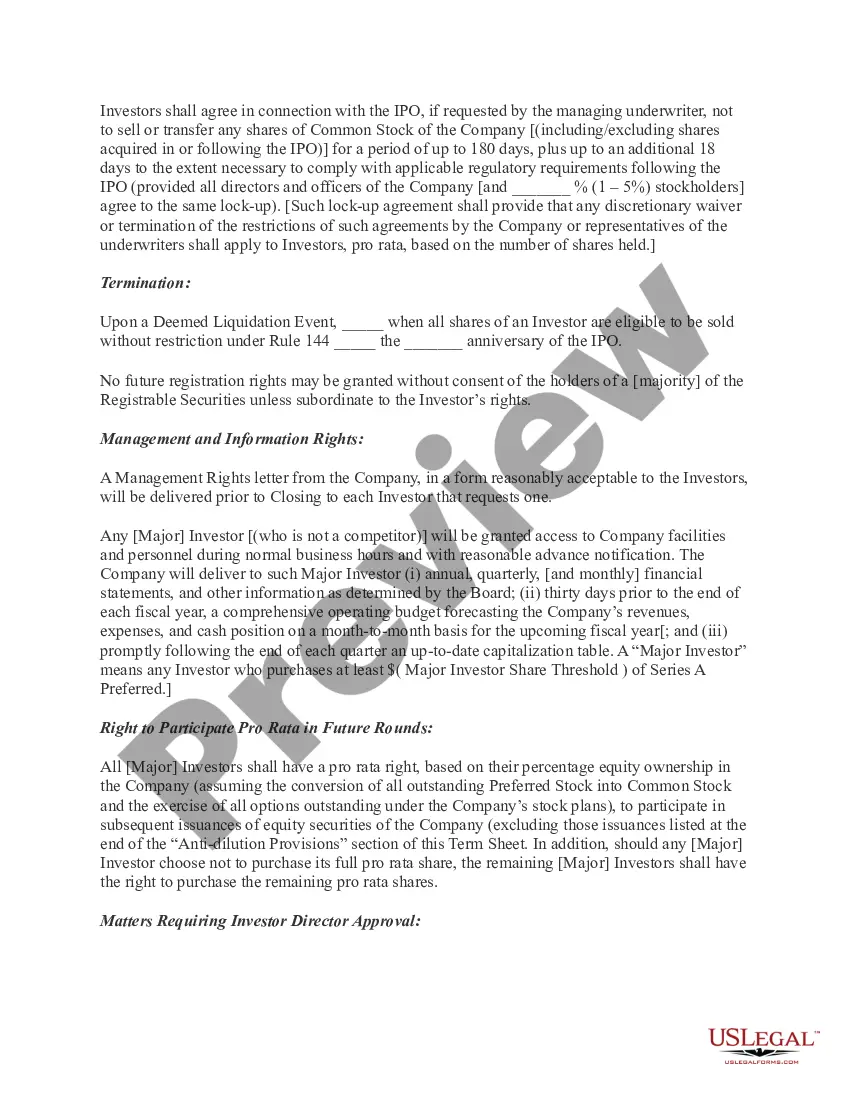 Get Term Sheet - Series A Preferred Stock Financing of a Company Preview Term Sheet - Series A Preferred Stock Financing of a Company