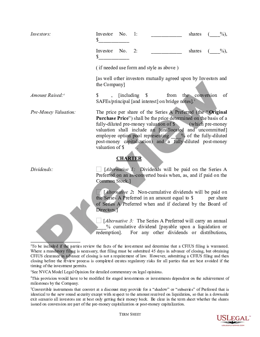 Get Term Sheet - Series A Preferred Stock Financing of a Company Preview Term Sheet - Series A Preferred Stock Financing of a Company