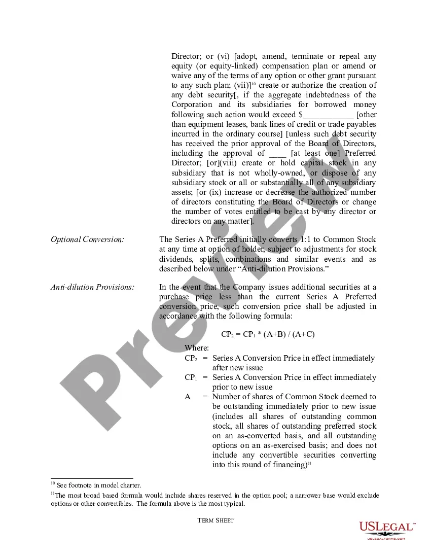 Get Term Sheet - Series A Preferred Stock Financing of a Company Preview Term Sheet - Series A Preferred Stock Financing of a Company