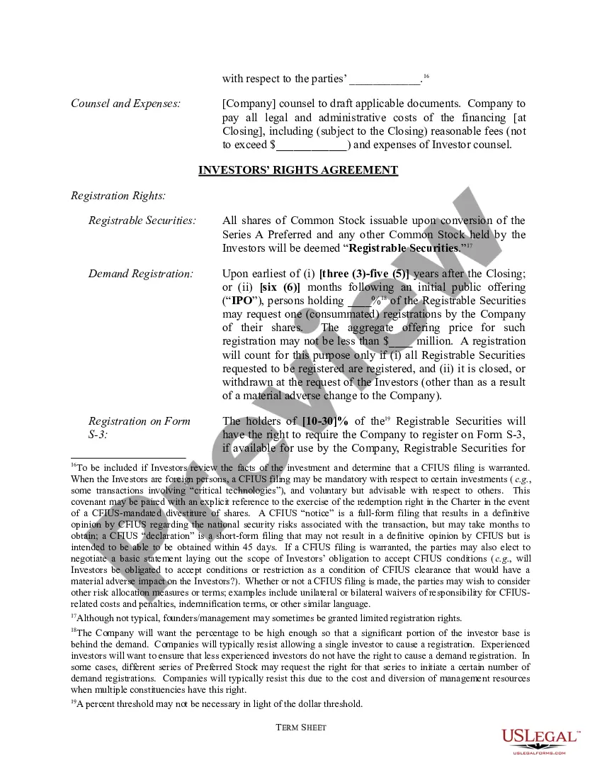 Get Term Sheet - Series A Preferred Stock Financing of a Company Preview Term Sheet - Series A Preferred Stock Financing of a Company