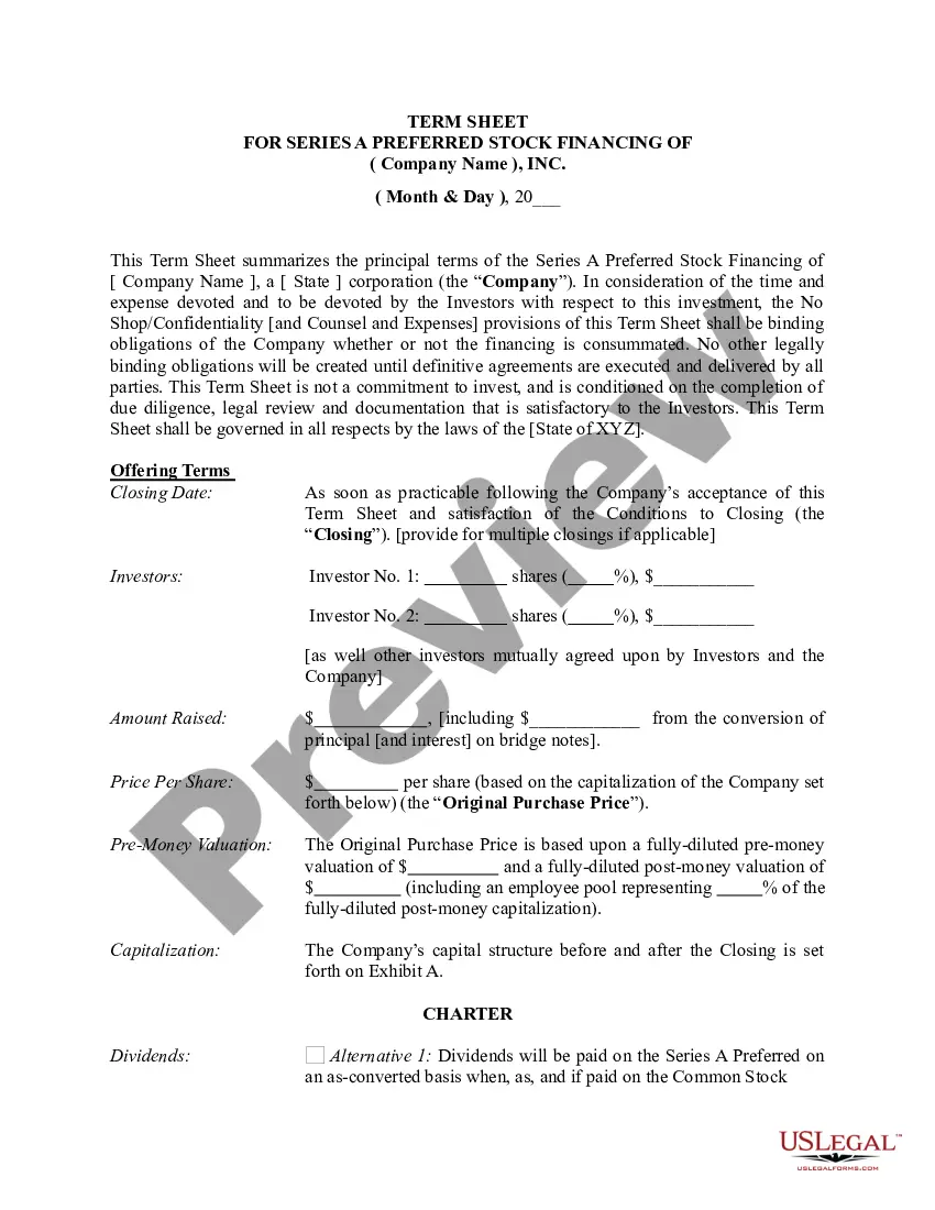 Get Term Sheet - Series A Preferred Stock Financing of a Company Preview Term Sheet - Series A Preferred Stock Financing of a Company