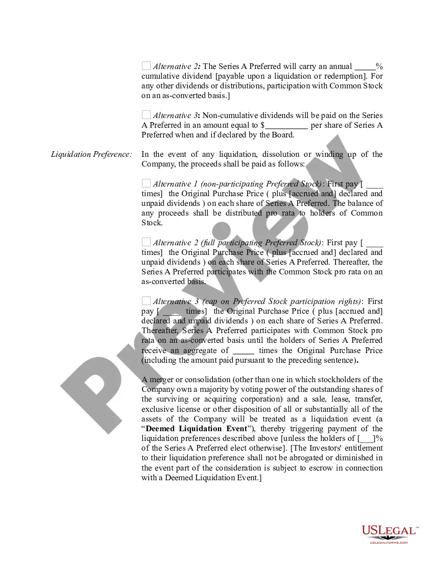 Get Term Sheet - Series A Preferred Stock Financing of a Company Preview Term Sheet - Series A Preferred Stock Financing of a Company