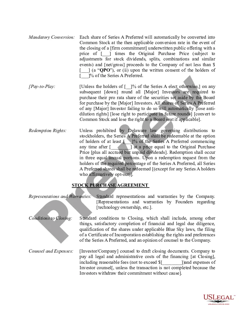 Get Term Sheet - Series A Preferred Stock Financing of a Company Preview Term Sheet - Series A Preferred Stock Financing of a Company