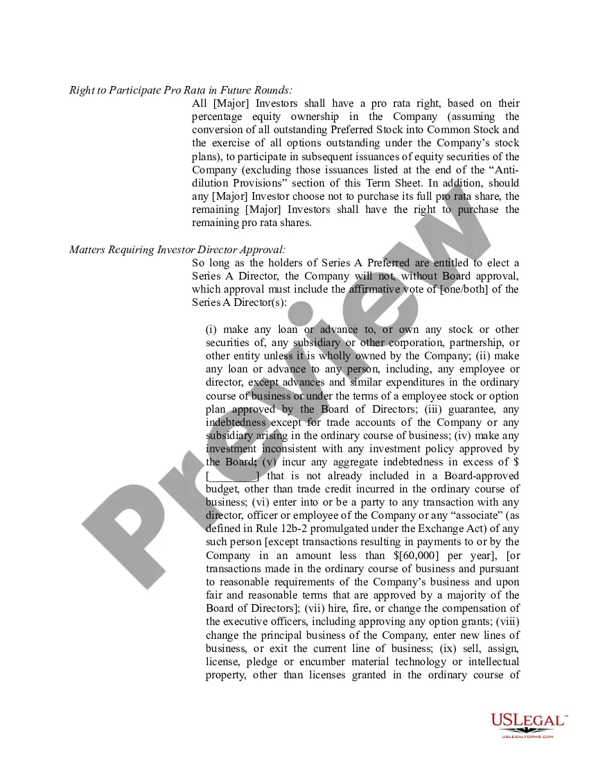 Get Term Sheet - Series A Preferred Stock Financing of a Company Preview Term Sheet - Series A Preferred Stock Financing of a Company