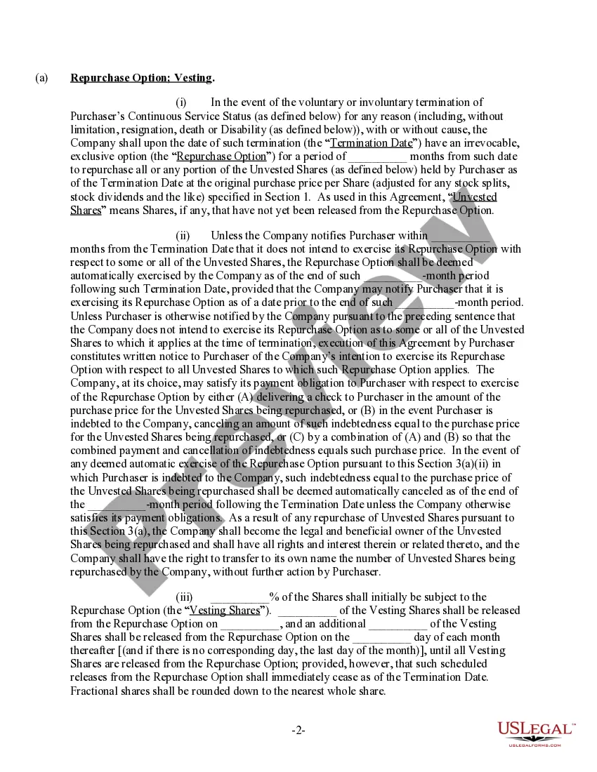 Get Common Stock Purchase Agreement with Vesting Preview Common Stock Purchase Agreement with Vesting