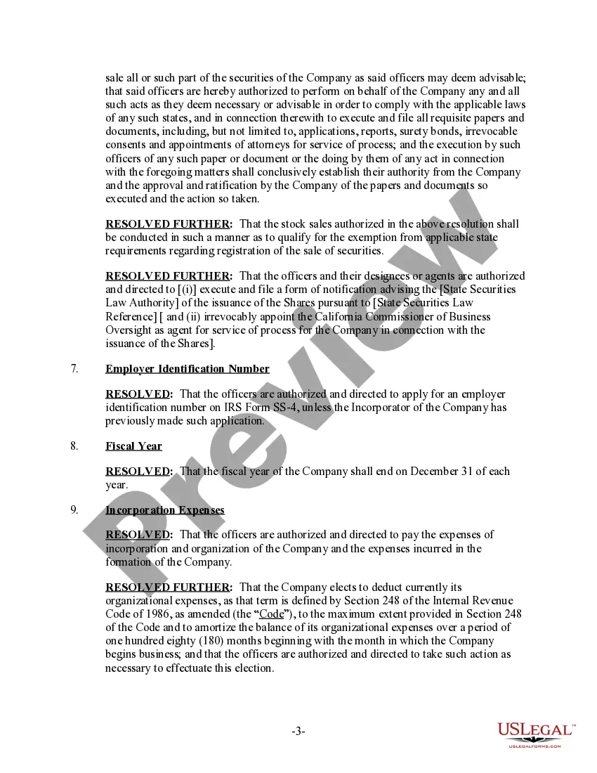 Get Initial Organizational Resolutions of the Board of Directors by Unanimous Written Consent Preview Initial Organizational Resolutions of the Board of Directors by Unanimous Written Consent