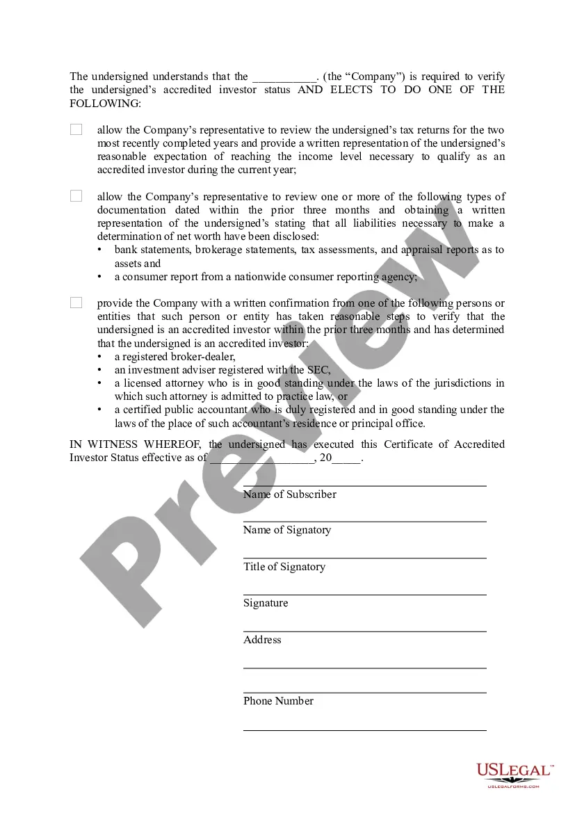 Get Certificate of Accredited Investor Status Preview Certificate of Accredited Investor Status